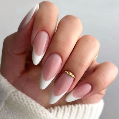 Picture of YOSOMK Medium French Tip Press on Nails Almond Fake Nails with Rhinestones Design Full Cover Glue on Acrylic Nails Glossy Nude Stick on Nails for Women
