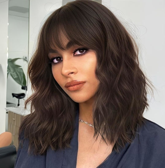Picture of AISI HAIR Natural Brown Synthetic Curly Wavy Bob Wig with Bangs for Women, 21-23 Inches