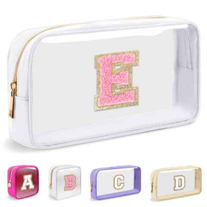 Picture of Small Clear Personalized Initial Makeup Bag,Nylon Preppy A-Z Chenille Letter Patch Cosmetic Pouch Beach Toiletry Bag,Waterproof Zipper Travel Purse Storage Bag Organizer for Women Girls(White-Pink E)