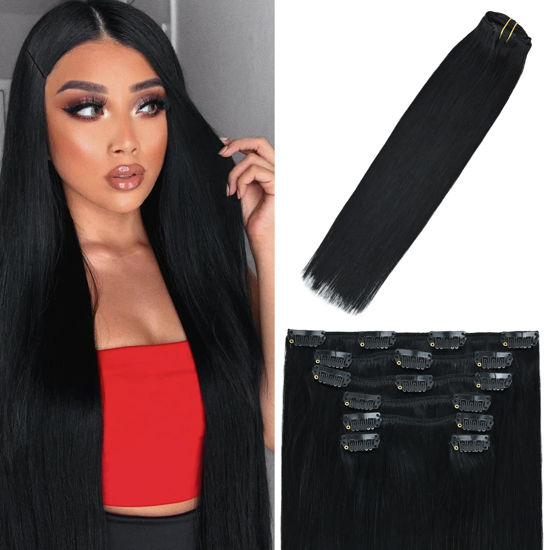 Picture of WindTouch Clip in Hair Extensions Real Human Hair #1 Jet Black Hair Extensions 15Inch 7pcs 70g Straight Remy Human Hair Clip in Extensions Soft Natural Clip ins