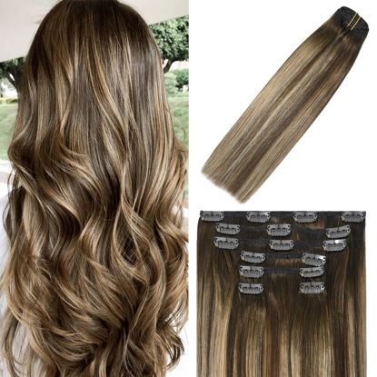 Picture of WindTouch Clip In Hair Extensions Human Hair Balayage Chocolate Brown To Dark Blonde Ombre Highlights for Brown Hair 18Inch 70g #4T27P4 7PCS