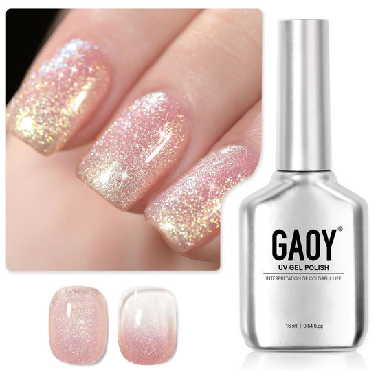 Picture of GAOY Shimmer Gel Nail Polish, 16ml Translucent Jelly Glitter Gel Polish, Soak Off UV Gel for Nail Art DIY at Home, 1610 Milky Peach