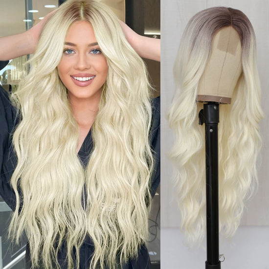 Picture of NAYOO Platinum Blonde Wig for Women - 26'' Long Blonde Wavy Wig with Dark Roots, Heat Resistant Synthetic Blond Wig with Lace, Natural Looking Blonde Curly Wig For Daily Use (Platinum Blonde)