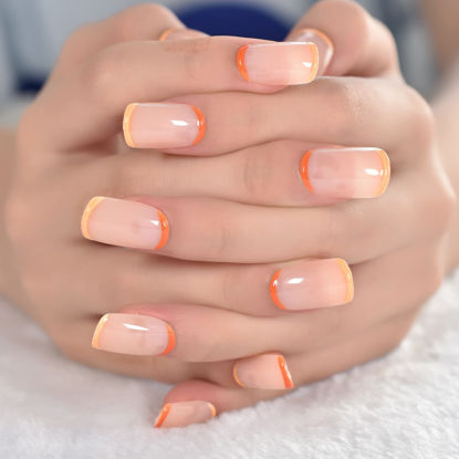 Picture of Coolnail Glossy Spring Press on Nail Nude 3D Orange Yellow Edge Gel French False Nails Medium Squoval Reusable Square Fake Nails Art Tips
