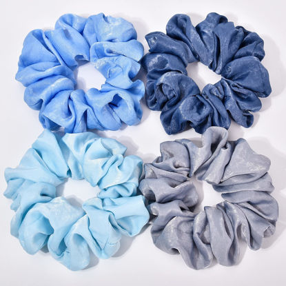 Picture of XL Big Silk Scrunchies Hair Ties for Women - CEELGON Oversized Satin Silk Scrunchie Exra Large Jumbo Gaint Soft Chiffon Cute Scrunchy for Curl Thick Hair 4 Pack (Blue Series)