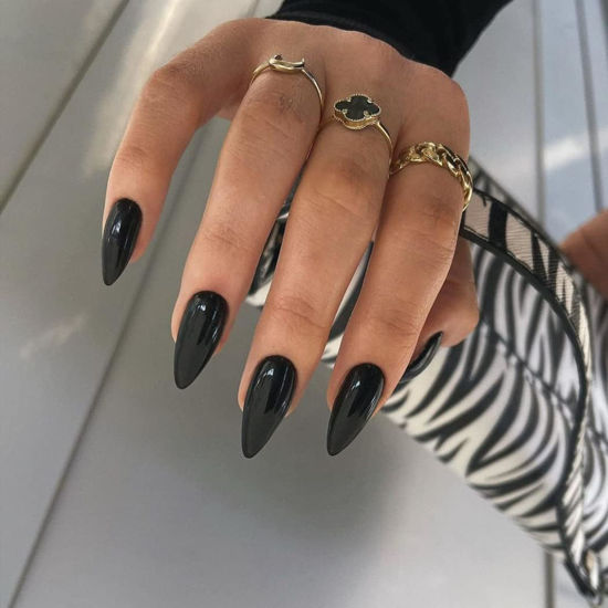 Picture of KQueenest All Black Press on Nails Medium Almond Stiletto, Pure Color Acrylic Nails Reusable Fake Nails Press on Feature Protective UV Coating, Short Almond Nails for Women Winter Manicure in 24 PCS