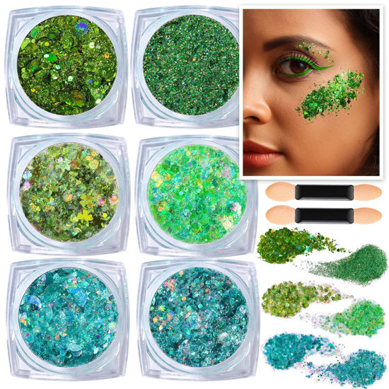 Picture of Teenitor Green Face Glitter, 6 Shapes Face and Body Glitter, Hair Glitter Gel, Body Glitter Gel for Body Makeup, Makeup Glitter Gel for Face, Body, Hair