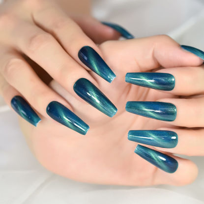 Picture of ELEVENAIL Press On Nails Glossy Super Long Coffin Gel Stick On Fake Nails Salon DIY Acrylic Manicure Reusable Dark Blue Cat Eye False Acrylic Nail Art Tips
