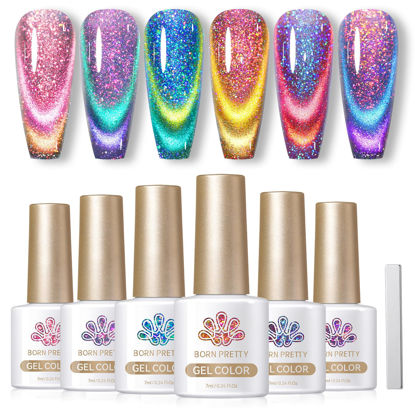 Picture of BORN PRETTY Cat Magnetic Gel Nail Polish 9D Chameleon Holorgraphic Cat Magnetic Eye Gel Polish Glitter Gel Polish Set 6PCS