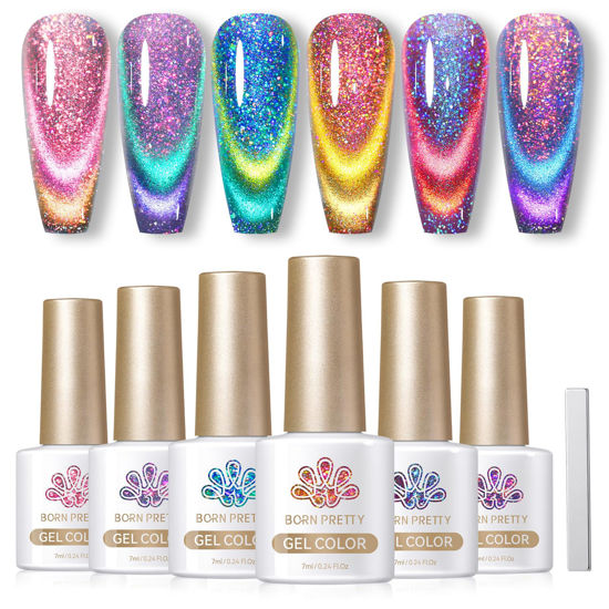 Picture of BORN PRETTY Cat Magnetic Gel Nail Polish 9D Chameleon Holorgraphic Cat Magnetic Eye Gel Polish Glitter Gel Polish Set 6PCS