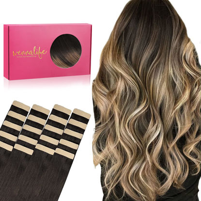 Picture of WENNALIFE Tape in Hair Extensions Human Hair, 20pcs 16 inch 50g Dark Brown to Chestnut Brown and Dirty Blonde Remy Tape Hair Extensions Real Human Hair Tape Extensions Coloured Hair Extensions
