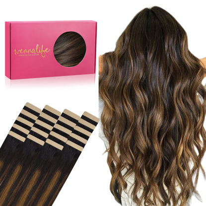 Picture of WENNALIFE Tape in Hair Extensions Human Hair, 20pcs 50g 16 inch Natural Black Mixed Chestnut Brown Remy Hair Extensions Straight Human Hair Tape in Extensions Skin Weft Tape Extensions Human Hair