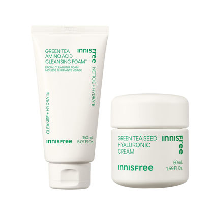 Picture of innisfree Green Tea Cleanse + Hydrate Duo, Green Tea Cleansing Foam + Green Tea Hyaluronic Cream, Korean Skincare Set for Hydrated, Glowing Skin