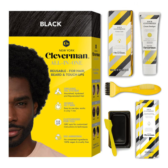 Picture of Cleverman Hair & Beard Dye Kit for Men, All-in-One Reusable Mens Hair Color, Natural Gray Coverage, Ammonia-Free Beard Mustache Dye for Men (Black for Black Men)