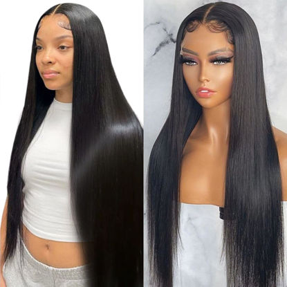 Picture of Straight Lace Front Wigs Human Hair 13x4 HD Transparent Lace Front Human Hair Wigs for Black Women Glueless Brazilian Virgin Hair Lace Frontal Wig 180% Density Pre Plucked with Baby Hair Hairline