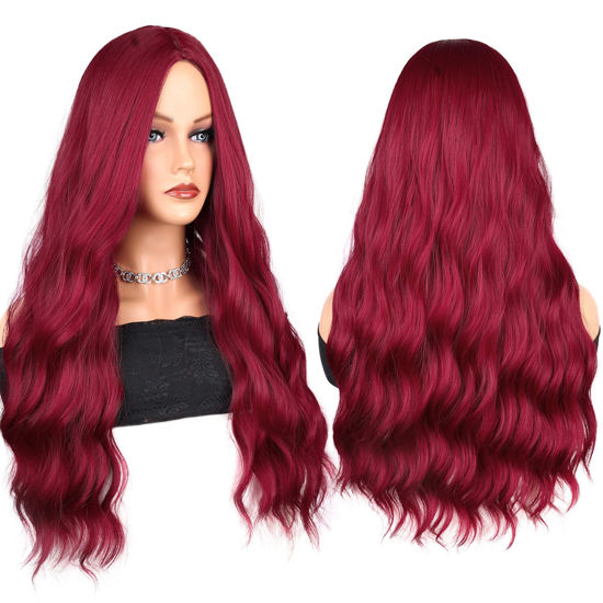 Picture of BATISI Burgundy Wig 26 Inches Wigs for Women Synthetic Wig Long Cosplay Wig Wavy Hair Replacement Wigs for Party Heat Resistant Middle Part