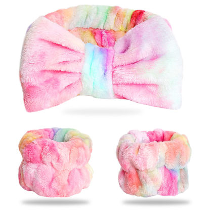 Picture of WSYUB Spa Headband and Wrist Bands, Makeup Headband and Wrist Towels for Washing Face, Fuzzy Bow Headbands, Soft Facial Head Bands, Shower Skincare Hair Sleepover Party Supplies
