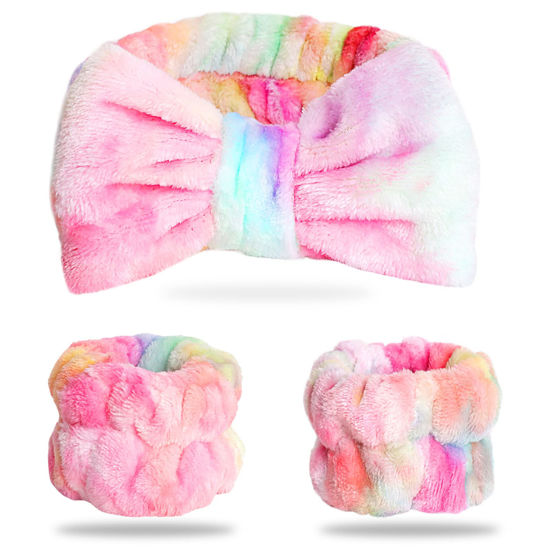 Picture of WSYUB Spa Headband and Wrist Bands, Makeup Headband and Wrist Towels for Washing Face, Fuzzy Bow Headbands, Soft Facial Head Bands, Shower Skincare Hair Sleepover Party Supplies