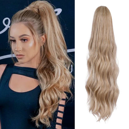 Picture of LOMMEL Drawstring Ponytail Extension Body Wave Ponytail Extension for Women 20 Inch Drawstring Wave Ponytail Synthetic Hair Extensions Curly Ponytail (27/613)