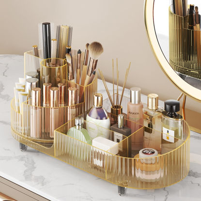 Picture of Makeup Organizer Countertop Rotating Makeup Organizer for Vanity Large Capacity Cosmetic Display Case with Makeup Brush Holder Cosmetic Organizer Countertop（Amber