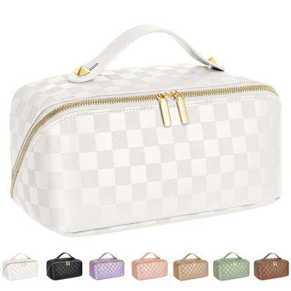 Picture of ALEXTINA Large Capacity Travel Cosmetic Bag - Travel Makeup Bags for Women Waterproof PU Leather Checkered Makeup Organizer Bag with Dividers and Handle,Toiletry Bag for Cosmetics, White