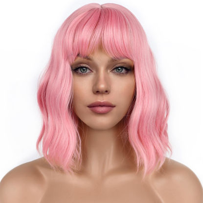 Picture of LANCAINI Pastel Bob Wigs with Bangs for Women Loose Wavy Wig Pastel Wavy Shoulder Length Bob Synthetic Cosplay Wig for Girl Colorful Costume Wigs (Pink)