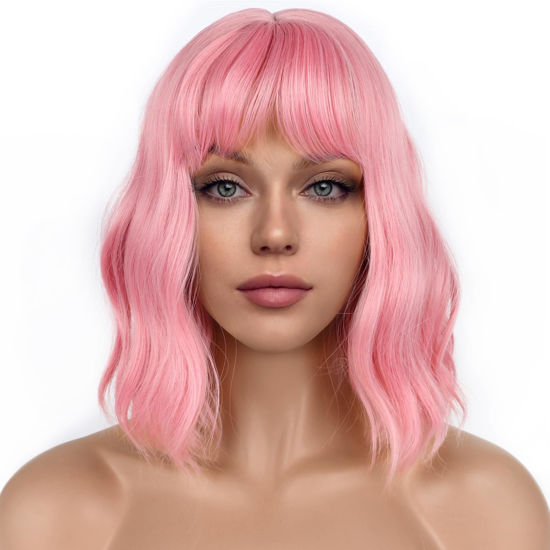 Picture of LANCAINI Pastel Bob Wigs with Bangs for Women Loose Wavy Wig Pastel Wavy Shoulder Length Bob Synthetic Cosplay Wig for Girl Colorful Costume Wigs (Pink)