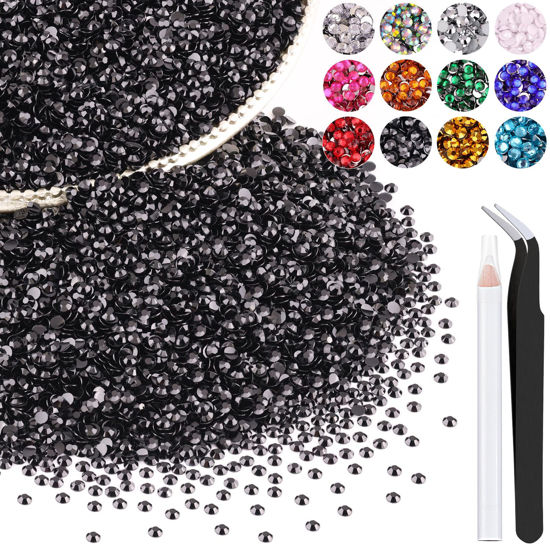 Picture of 5000PCS 3mm Resin Rhinestones in Bulk (Black), Bedazzling Flatback Crystals for Crafts DIY Nail Decoration, Gems Charms for Tumbler Shoes Clothing Fabric with Pickup Pen and Tweezers