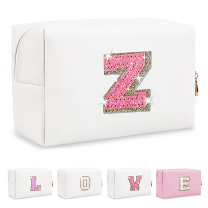 Picture of Small Initial Patch Makeup Bag Personalized Gifts Make Up Bag,White Cute PU Leather Glitter Letter Cosmetic Bag with Zipper,Trendy Portable Travel Toiletry Pouch,Preppy Stuff for Teen Girls Women Z