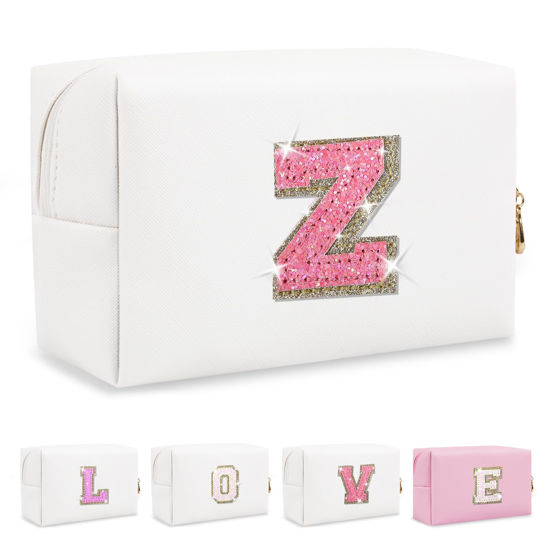Picture of Small Initial Patch Makeup Bag Personalized Gifts Make Up Bag,White Cute PU Leather Glitter Letter Cosmetic Bag with Zipper,Trendy Portable Travel Toiletry Pouch,Preppy Stuff for Teen Girls Women Z