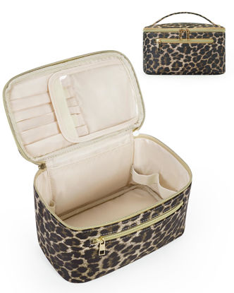 Picture of Wandering Nature Makeup Bag, Travel Make Up Organizer Cosmetic Brush Bags Case for Women in Vegan Leather, Leopard Print(Patent Pending)