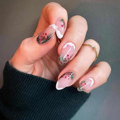 Picture of Christmas Press on Nails Almond Medium Fake Nails Winter False Nails With Snow Xmas Designs Pink Clear Full Cover Stick on Nails Acrylic New Year Artificial Nails for Women Girls 24Pcs