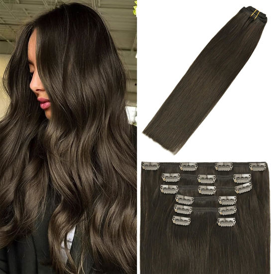 Picture of WindTouch Clip In Hair Extensions Human Hair Dark Brown Hair Extensions Remy Hair Extensions 18Inch 70g #2 7PCS