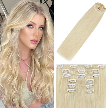 Picture of WindTouch Clip in Hair Extensions Human Hair Platinum Blonde Hair Extensions Human Hair 70g #60 22Inch 7PCS