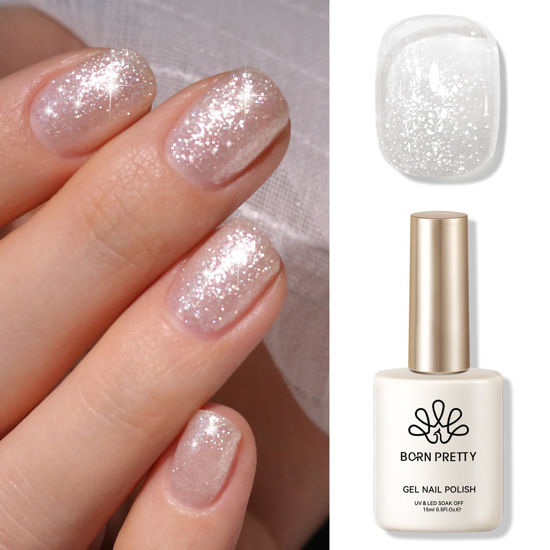 Picture of Born Pretty Shimmer Glitter Gel Nail Polish Silver Sparkle Shiny Nail Gel Polish Nail Art DIY at Home