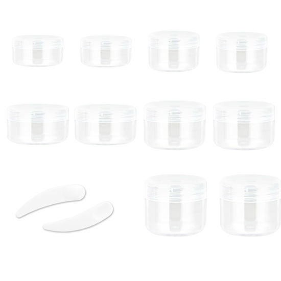 Picture of ZEJIA 10pcs Small Travel Containers, Clear Sample Containers with Screw Lids, 5 Size 3/5/10/15/20 Gram Sample Jars with 12pcs Labels and 2pcs Mini Disposable Spatula, Makeup Sample Containers BPA Free
