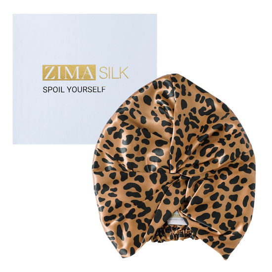 Picture of ZIMASILK 22 Momme 100% Mulberry Silk Bonnet for Sleeping & Women Hair Care, Highest Grade 6A Silk hair wrap for sleeping with Premium Elastic Stay On Head (1Pc, Leopard Black/Golden)