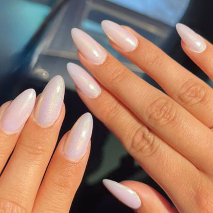 Picture of GLAMERMAID Press on Nails Medium Almond, Handmade Shiny Shimmer White Gel Nails Polish Glue on Nails, 24Pcs Short Acrylic False Nails Kits Reusable UV Finish Full Cover Stick on Nails for Women Gifts