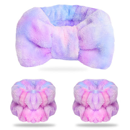 Picture of WSYUB Spa Headband and Matching Wrist Bands for Washing Face, Fuzzy Skincare Bow Headbands, Soft Facial Makeup Head Bands, Shower Hair Sleepover Party Supplies