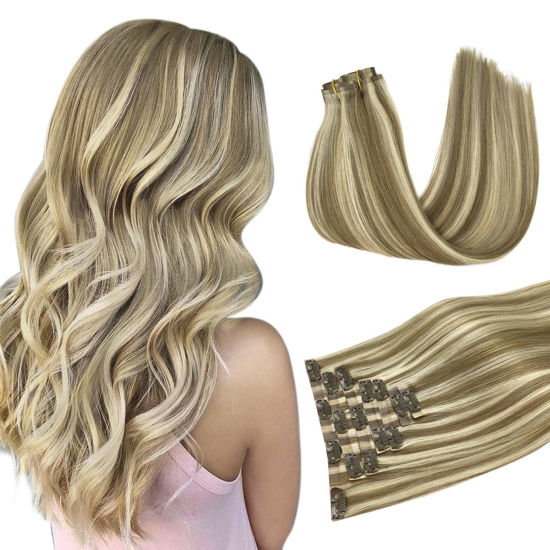 Picture of DOORES Hair Extensions Real Human Hair, Light Brown Highlighted Medium Blonde 7pcs 110g 16 Inch, Seamless Clip in Hair Extensions Remy Hair Extensions Natural Straight Hair Invisi Edge Hair Extensions