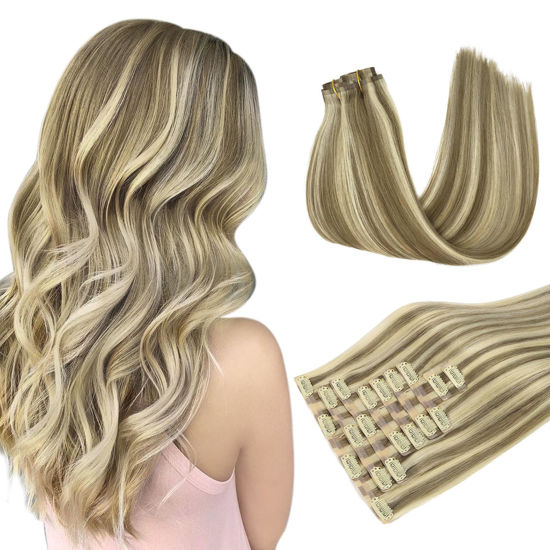 Picture of DOORES Clip in Hair Extensions Seamless Hair Extensions, Light Brown Highlighted Medium Blonde 14 Inch 130g 9pcs, Seamless Clip in Hair Extensions Human Hair Extensions Invisi Edge Hair Extensions