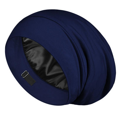 Picture of LULUSILK 100% Mulberry Silk Lined Sleep Cap Silk Bonnet for Sleeping, No More Frizzy Tangled Hair, Stay On All Night Adjustable Silk Hair Wrap for Sleeping, Navy Blue, Pack of 1