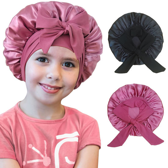 Picture of choshion 2 PCS Kids Bonnets for Girls, Silk Bonnet for Kids, Bonnet for Kids, Satin Bonnet for Sleeping, Baby Toddler Tie Bonnet Sleep Cap Bonnet for Curly Hair Braids