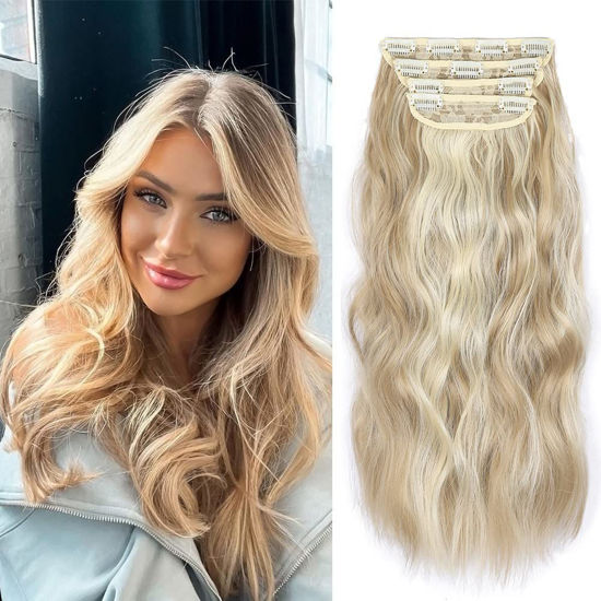Picture of Blonde Hair Extensions Clip ins, 4PCS Curly Clip in Hair Extensions, 20 Inches Synthetic Hair Extensions Clip in Human Hair (Color:Dark Golden Mix Beige Blonde)