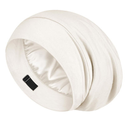 Picture of LULUSILK Mulberry Silk Lined Sleep Cap, No More Frizzy Tangled Hair, Stay On All Night Silk Hair Wrap for Sleeping with Adjustable Strap, Silk Bonnet for Women and Men, White, Pack of 1