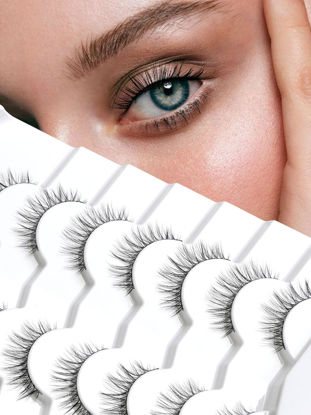 Picture of Lashes Wispy Eyelashes False Eyelashes Thin Band Strip Lashes Natural Mink Lashes 3D Volume Eyelashes Soft False Lashes 7 Pair 10MM Short Lash Pack Siligli