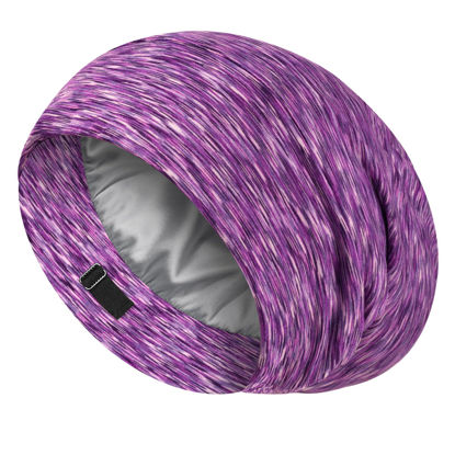 Picture of LULUSILK Mulberry Silk Lined Sleep Cap, No More Frizzy Tangled Hair, Stay On Silk Hair Wrap for Sleeping with Adjustable Strap, Silk Bonnet for Women and Men, Assorted Color Purple, Pack of 1