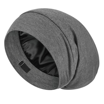 Picture of LULUSILK Mulberry Silk Lined Sleep Cap, No More Frizzy Tangled Hair, Stay On All Night Silk Hair Wrap for Sleeping with Adjustable Strap, Silk Bonnet for Women and Men, Dark Grey, Pack of 1