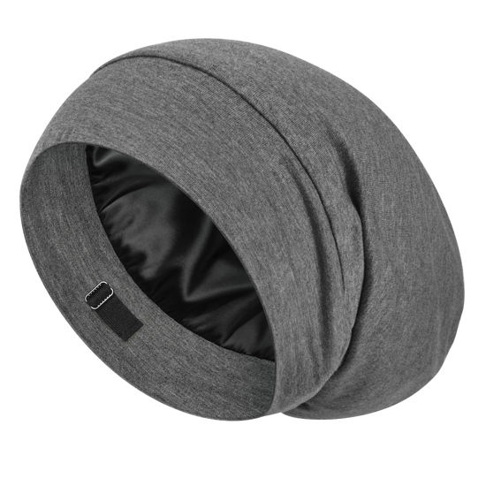 Picture of LULUSILK Mulberry Silk Lined Sleep Cap, No More Frizzy Tangled Hair, Stay On All Night Silk Hair Wrap for Sleeping with Adjustable Strap, Silk Bonnet for Women and Men, Dark Grey, Pack of 1