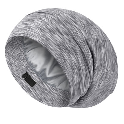Picture of LULUSILK 100% Mulberry Silk Lined Sleep Cap Silk Bonnet for Sleeping, No More Frizzy Tangled Hair, Stay On All Night Adjustable Silk Hair Wrap for Sleeping, Assorted Color Light Grey, Pack of 1
